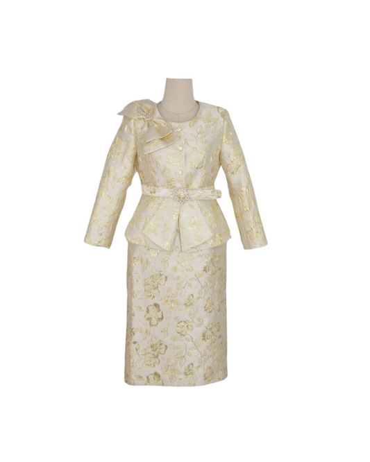 Floral metallic two-piece skirt suit for church, women's elegant faith-inspired formal wear