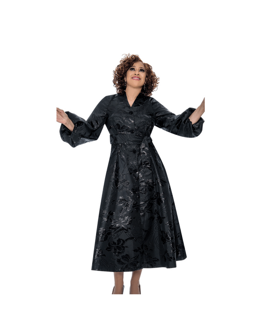 White and black belted jacquard church dress with button detail and sash belt, elegant women's formal wear