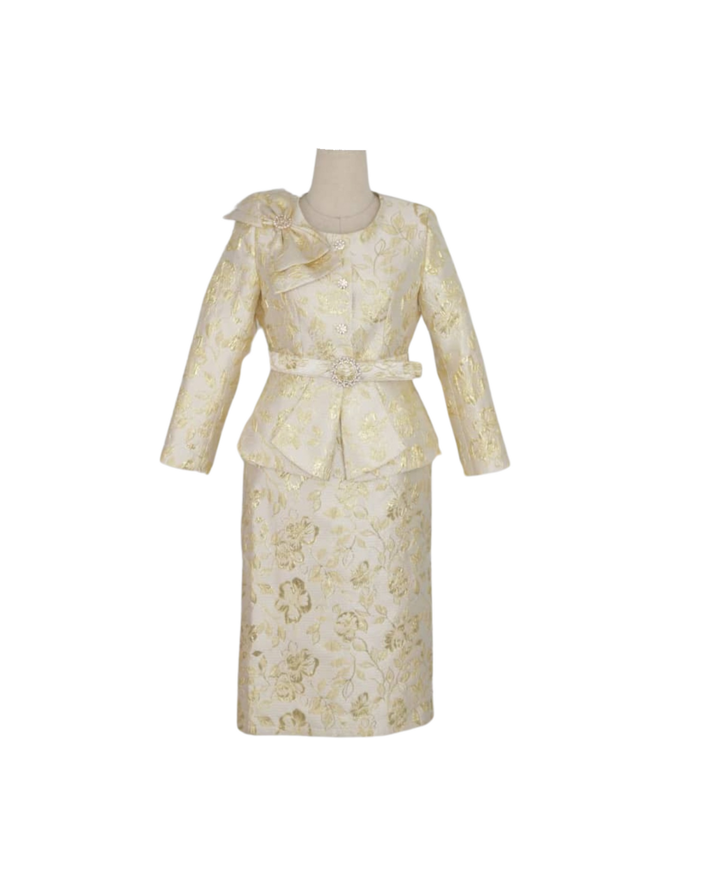 Floral metallic two-piece skirt suit for church, women's elegant faith-inspired formal wear