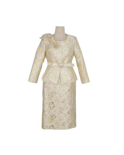 Floral metallic two-piece skirt suit for church, women's elegant faith-inspired formal wear