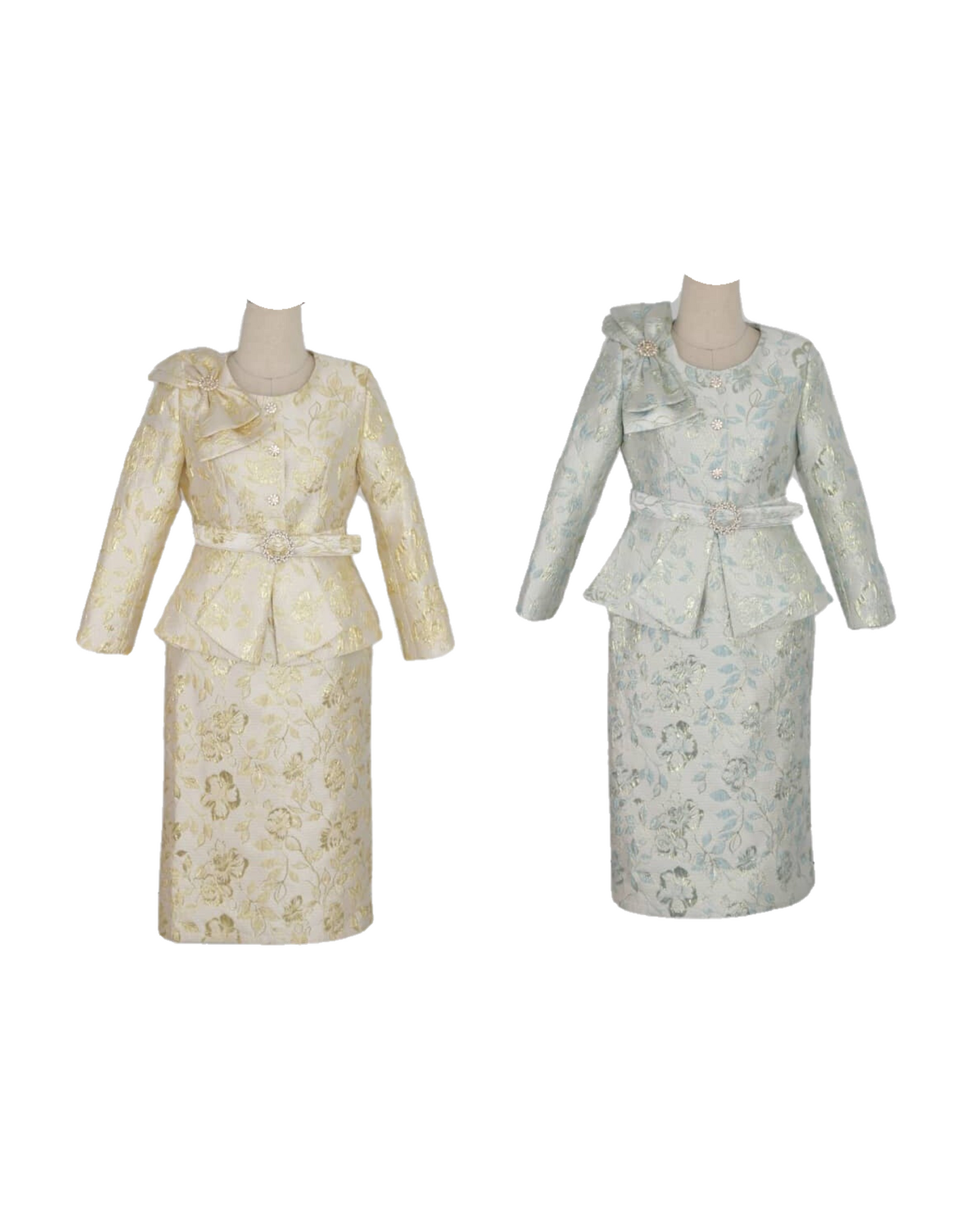 Floral metallic two-piece skirt suit for church, women's elegant faith-inspired formal wear
