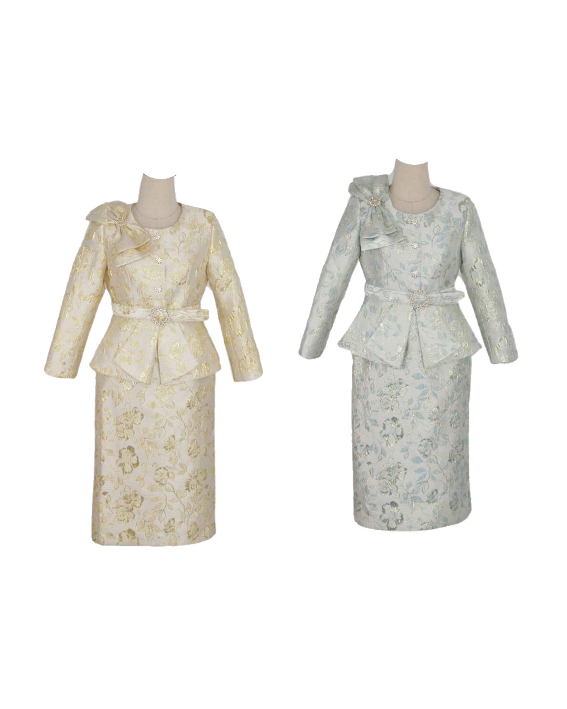 Floral metallic two-piece skirt suit for church, women's elegant faith-inspired formal wear