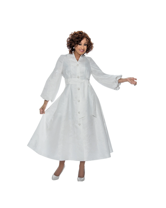 White and black belted jacquard church dress with button detail and sash belt, elegant women's formal wear