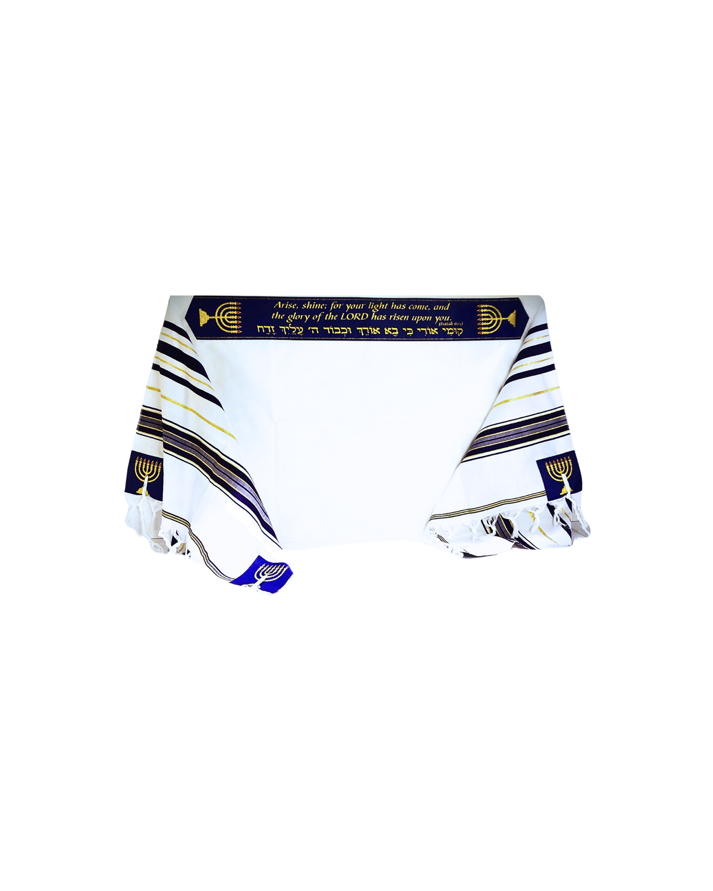 Blue tallit prayer shawl with Prophet Isaiah scripture design for Christian worship