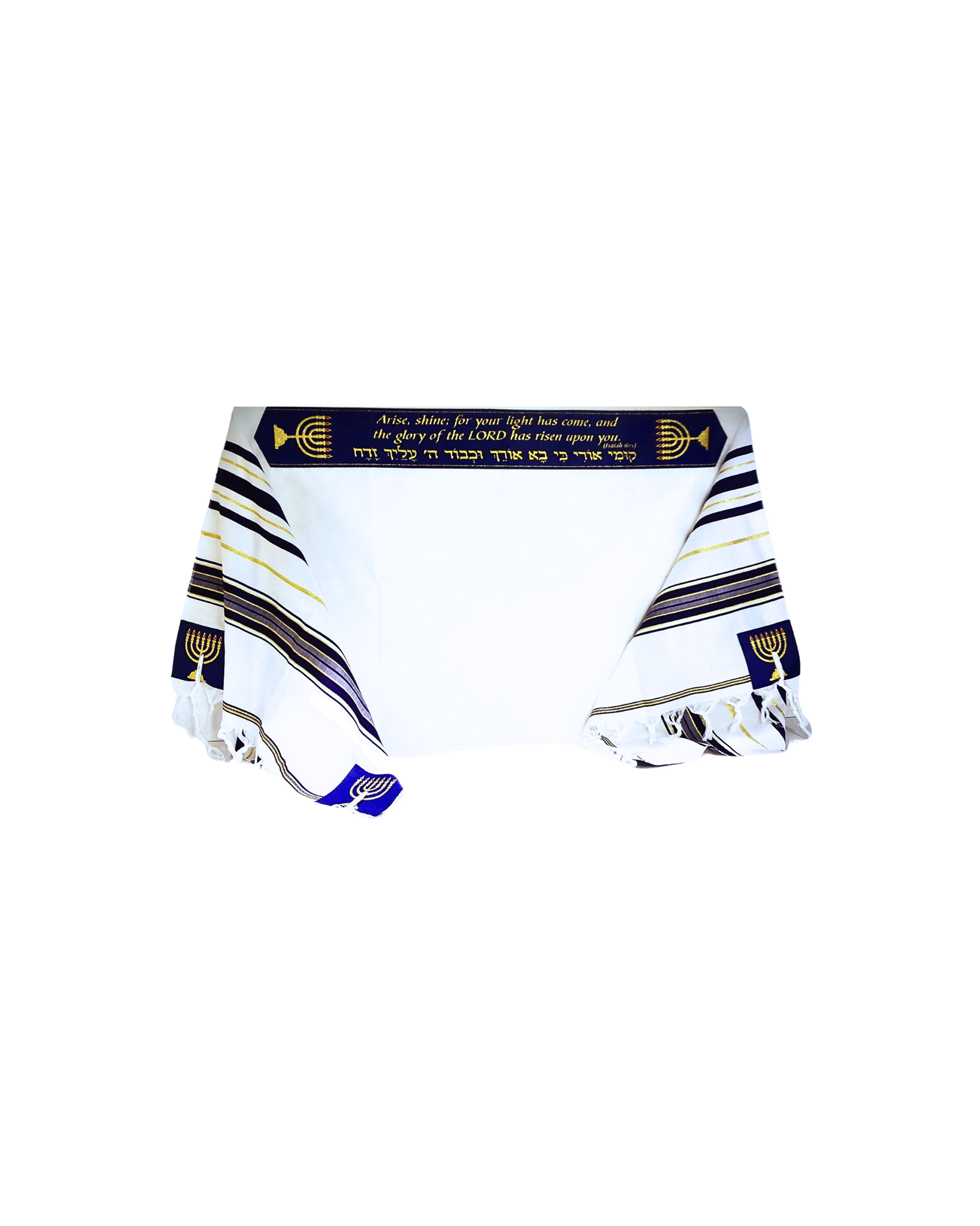 Blue tallit prayer shawl with Prophet Isaiah scripture design for Christian worship