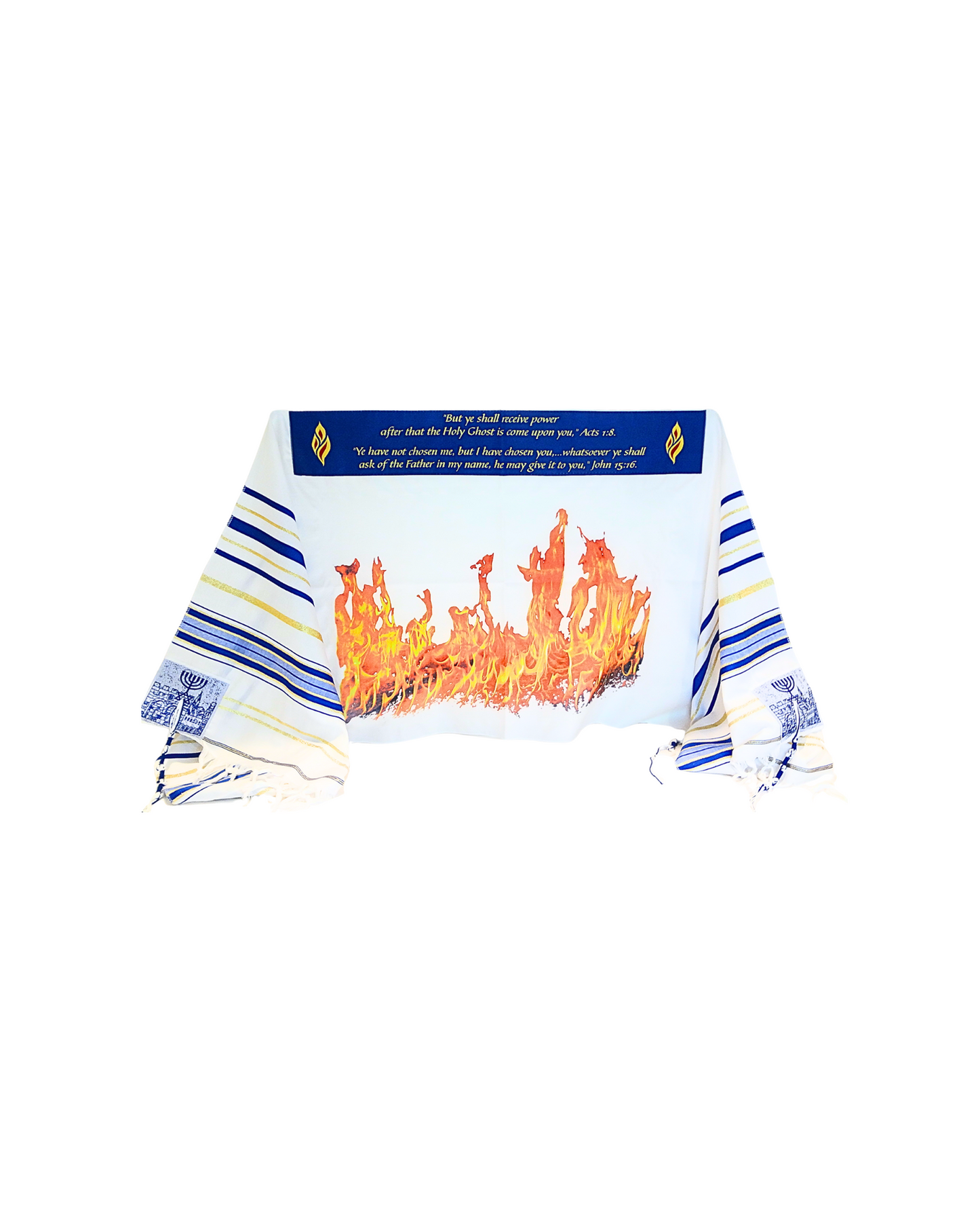 Holy Ghost and Fire tallit prayer shawl, Christian worship wrap with flame design