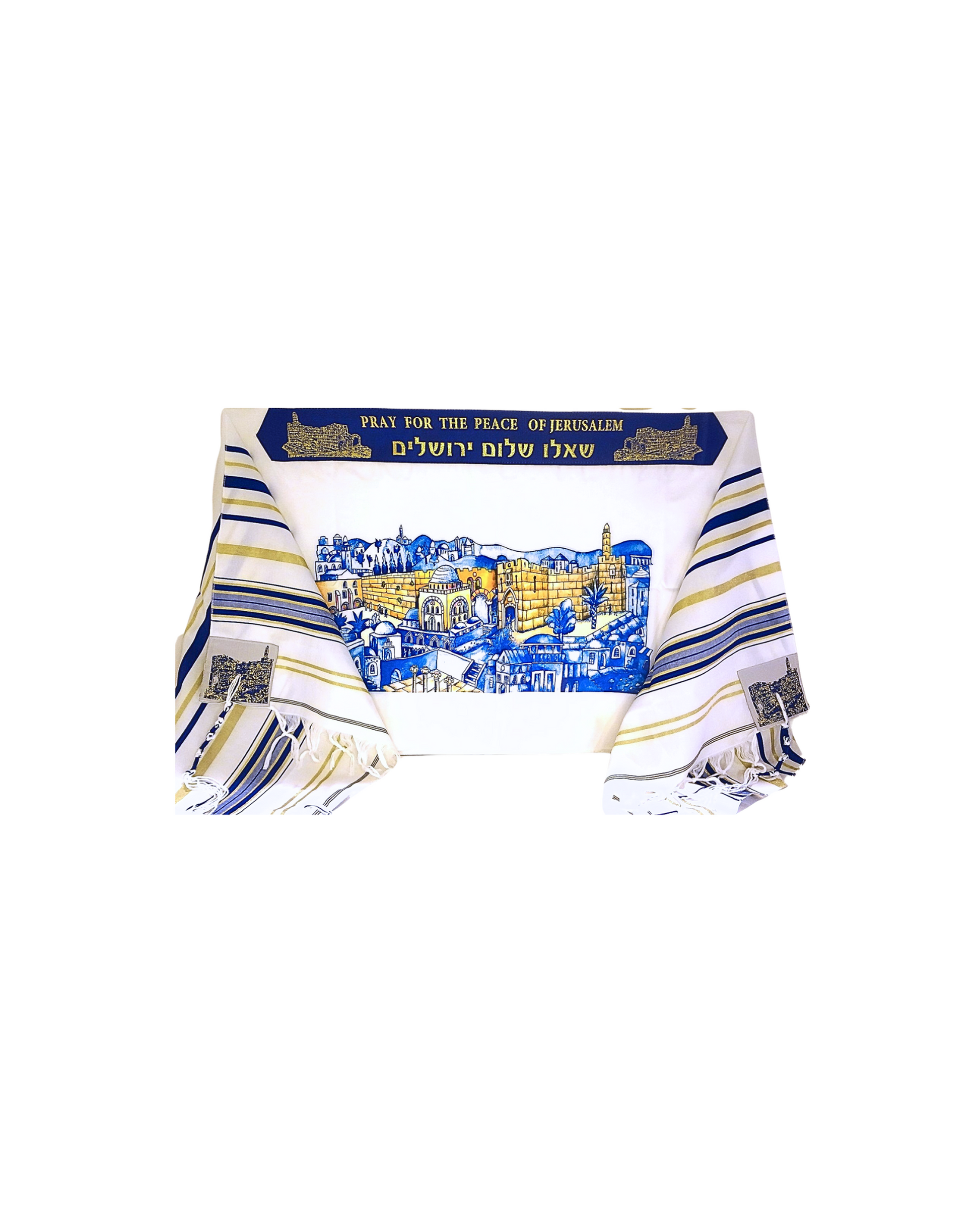 Tallit prayer shawl with Peace of Jerusalem design, white and blue Jewish-style prayer wrap