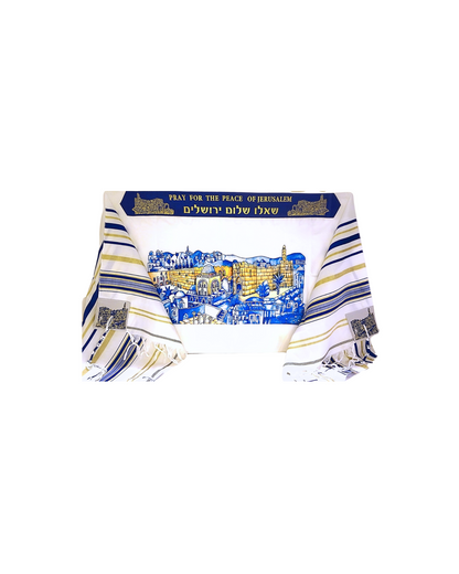 Tallit prayer shawl with Peace of Jerusalem design, white and blue Jewish-style prayer wrap