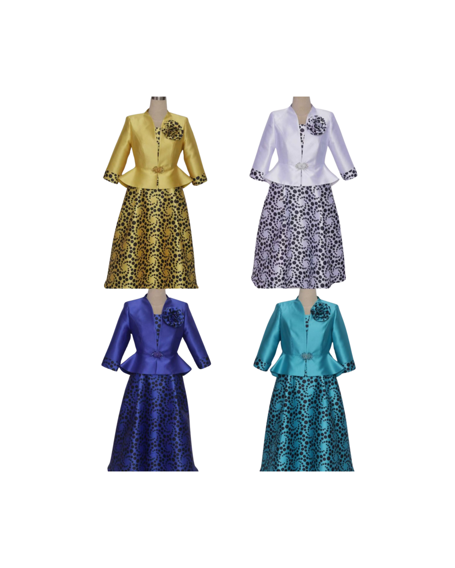 Circular polka dot two-piece dress with matching jacket, women's church and formal outfit