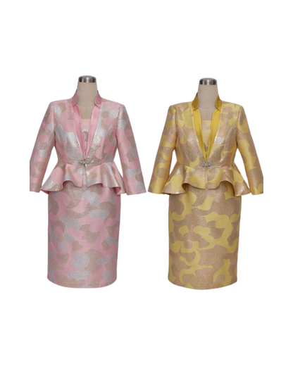 Metallic patterned peplum two-piece suit, women's elegant church and formal wear