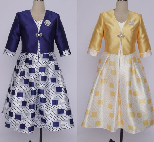 Square and line patterned print dress with solid jacket, women's church outfit set